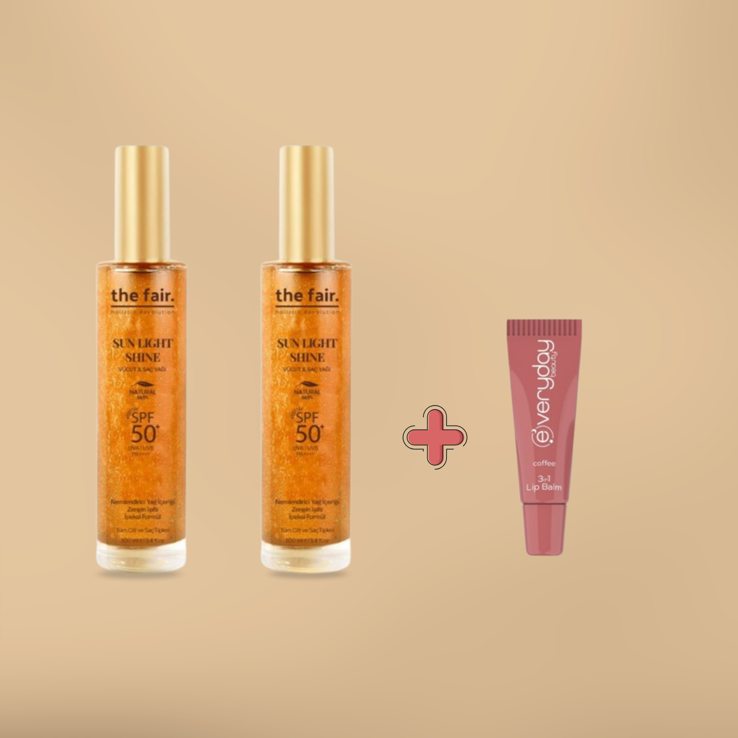 The Fair Güneş Koruyucu SPF 50+ Parıltılı 2'li Set - Hediye dudak balmı ile yüksek koruma